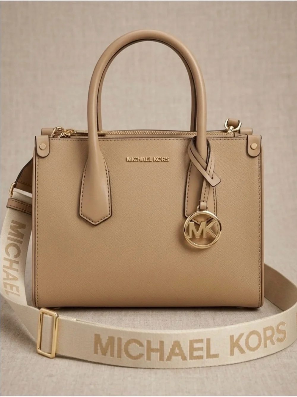 Michael Kors Saffiano Leather Satchel in Beige with Gold Hardware